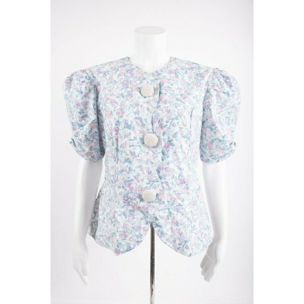 Vintage 1980s Womans Midi Skirt Suit M Blazer Pastel Floral Puff Sleeves Purple